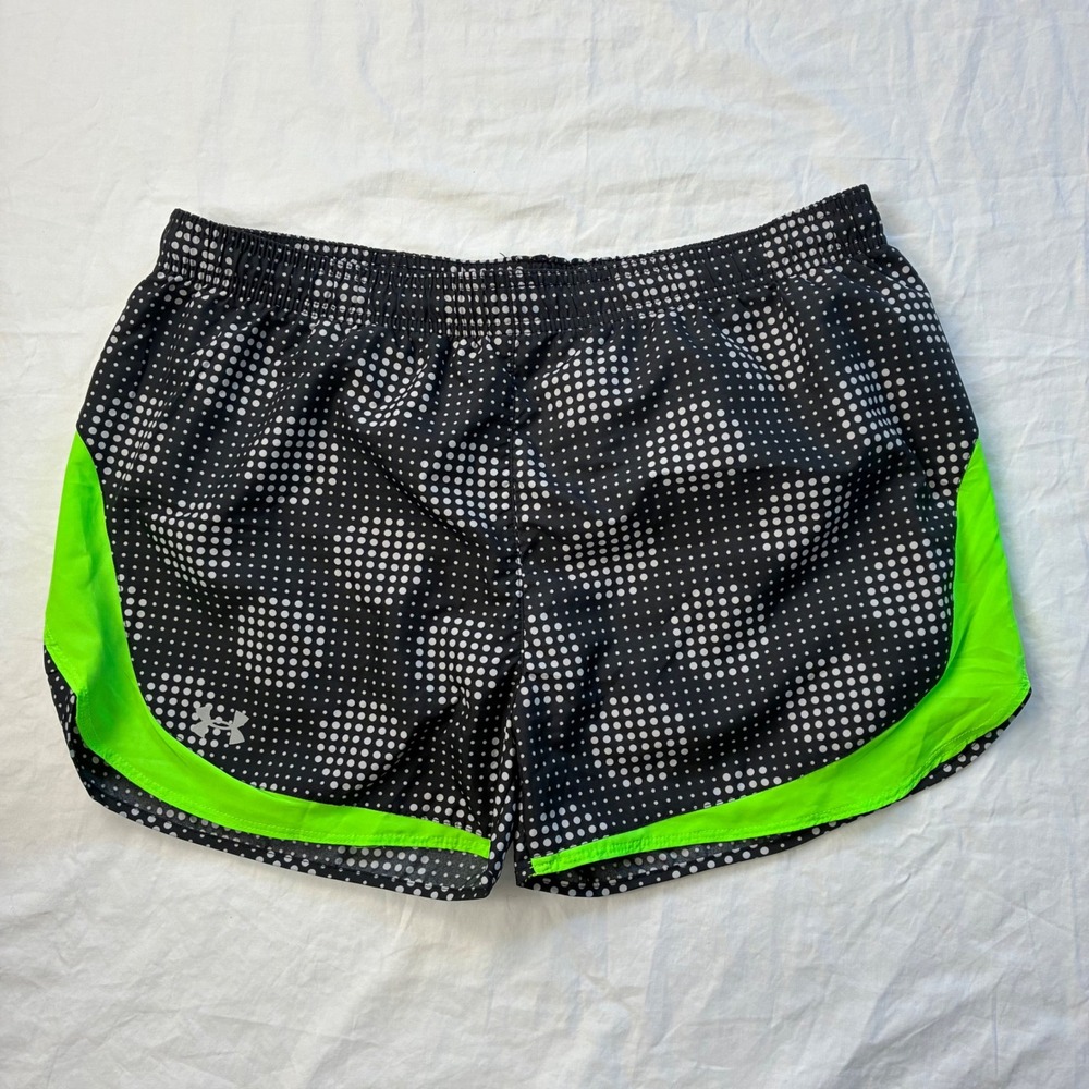NWT Under Armour Womens HeatGear Polka Dot Running Shorts Neon Green Black Large